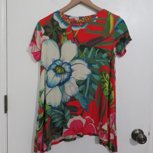 Desigual Womens Sz S Tropical Floral Print Sidetail Tee Short Sleeve Trapeze Top - Picture 2 of 7
